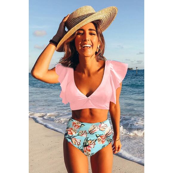 NWT Pink Ruffle Shoulder Top Floral Printed High Waist Bottom Bikini - Small - Picture 9 of 9